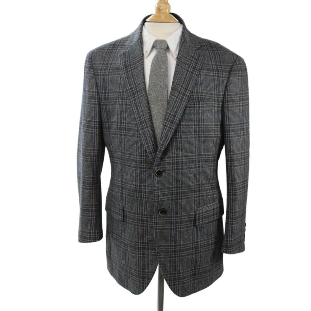 Davide Cenci Mens Sport Coat Gray Plaid Button Collared Size 52